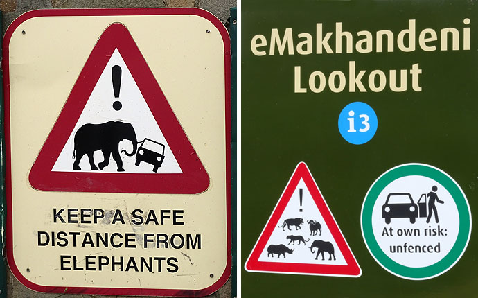 Schilder in Südafrika: Elefant kippt Auto um. Aussteigen auf eigene Gefahr.