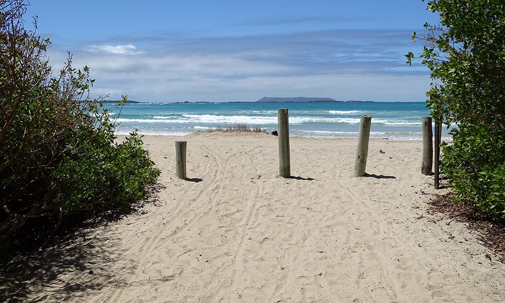 Blick vom Strand aufs Meer auf den Galapagos-Inseln, Ecuador